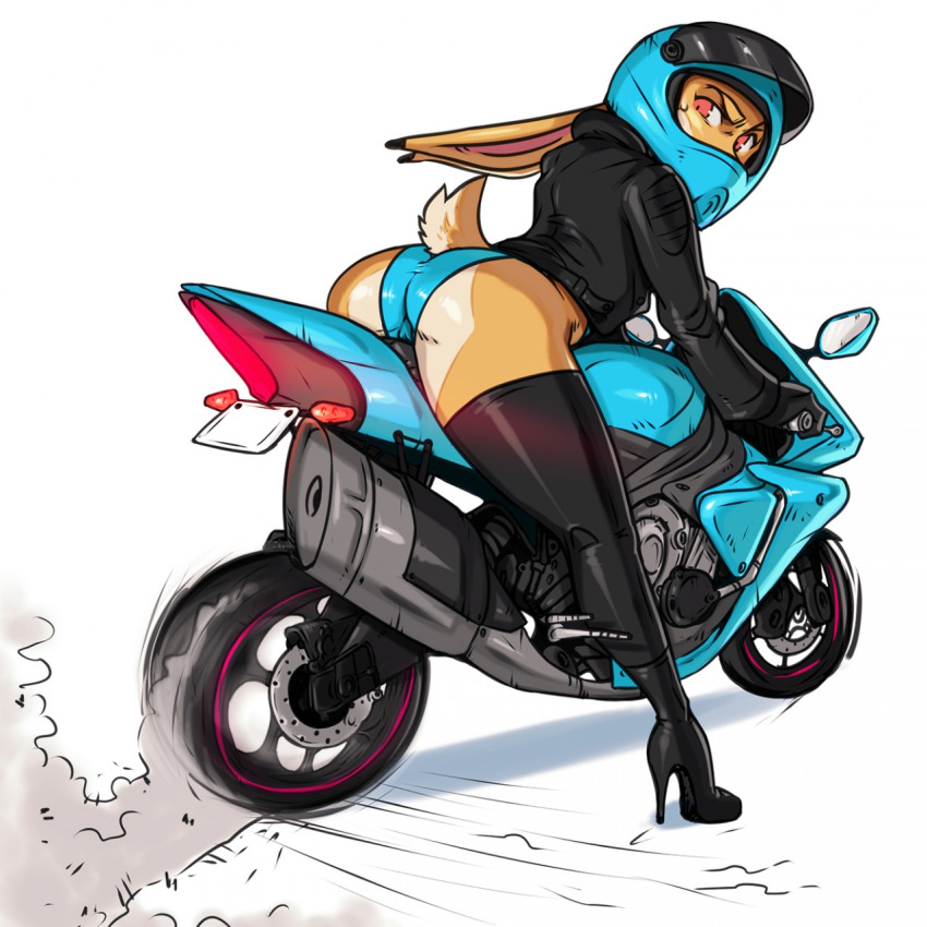 2019 angry anthro butt camel_toe clothing female footwear gloves hare high_heels jacket lagomorph leaning leaning_forward leather leather_jacket legwear looking_back mammal mcfli motorcycle motorcycle_helmet panties rabbit red_eyes rubber shoes solo stockings thick_thighs thigh_highs underwear vehicle