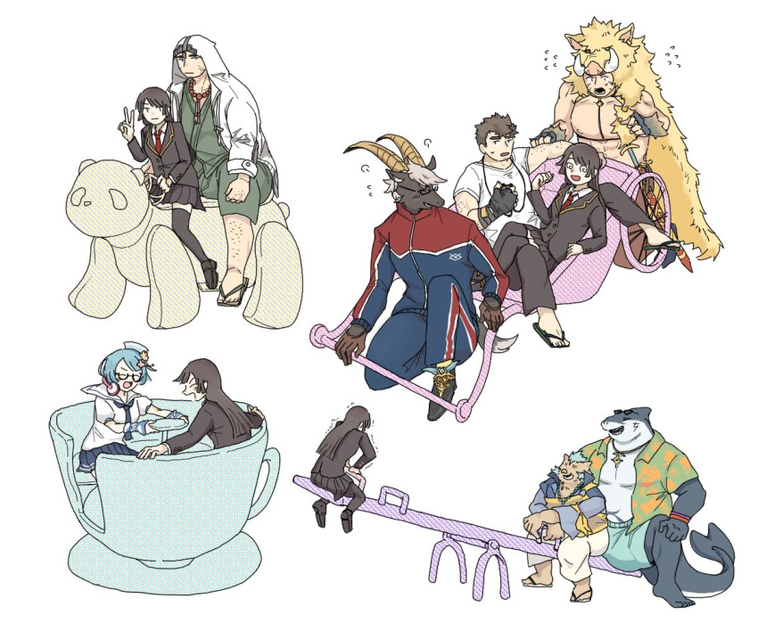 33_ths blue_hair bovid caprine clothed clothing eyewear facial_hair female female_protagonist_(tas) fish glasses goat gouryou hair male mammal marine mohawk musclegut muscular muscular_male open_shirt seesaw shark sideburns suid suina sus_(pig) tanngrisnir_(tas) teacup_ride tokyo_afterschool_summoners track_suit tusks typhon video_games wild_boar