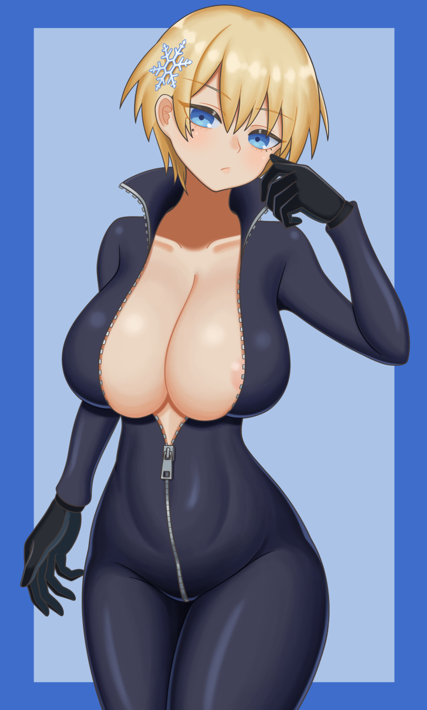 1girl absurdres areola_slip bakeneko-nya biker_clothes bikesuit black_gloves blonde_hair blue_background blue_border blue_eyes bodysuit border breasts cleavage closed_mouth collarbone commentary cowboy_shot girls'_frontline gloves hair_ornament hand_up highres huge_breasts looking_at_viewer mole mole_under_eye sagging_breasts short_hair simple_background snowflake_hair_ornament solo thighs two-tone_background unzipped vsk-94_(girls'_frontline) zipper_pull_tab