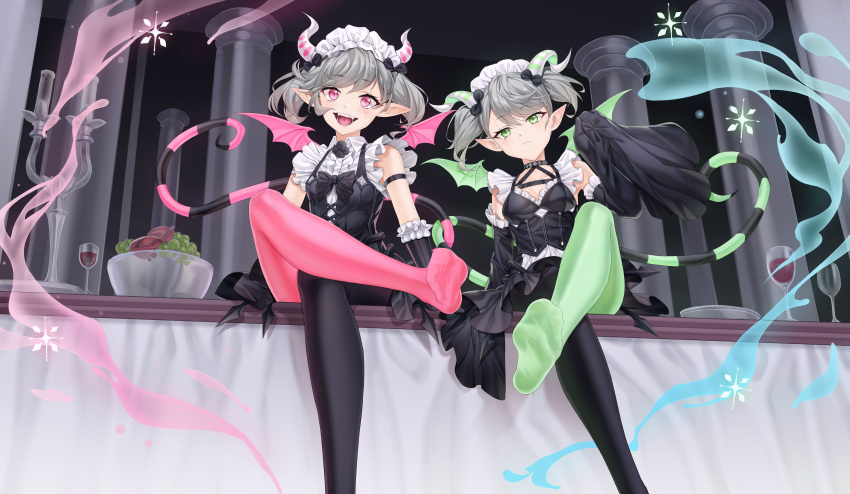 2girls :d absurdres arianna_the_labrynth_servant arianne_the_labrynth_servant arm_strap asymmetrical_legwear bangs black_bow black_dress black_pantyhose bow closed_mouth crossed_legs cup demon_girl demon_horns demon_tail demon_wings detached_sleeves dress drinking_glass feet food fruit grapes green_eyes green_pantyhose grey_hair highres horns long_sleeves looking_at_viewer maid_headdress mismatched_legwear multiple_girls no_shoes pantyhose pink_eyes pink_pantyhose pointy_ears sitting sleeves_past_fingers sleeves_past_wrists smile tail wings xo_(xo17800108) yu-gi-oh!