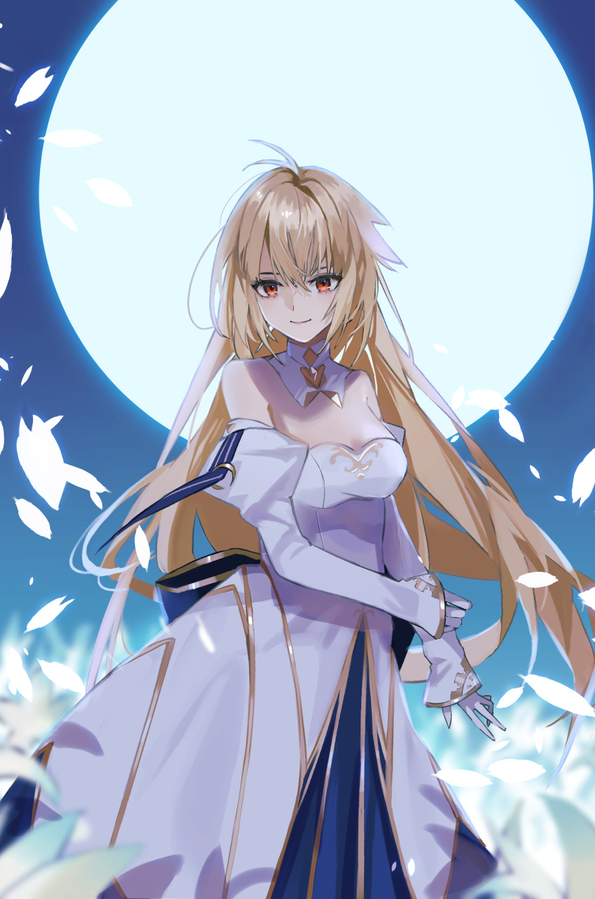 1girl absurdres archetype_earth arcueid_brunestud bangs bare_shoulders blonde_hair blue_skirt blush breasts cleavage detached_collar detached_sleeves dress fate/grand_order fate_(series) full_moon gloves highres large_breasts layered_skirt long_hair long_skirt looking_at_viewer moon night night_sky red_eyes skirt sky smile solo teizen_(rkm8656) tsukihime very_long_hair white_dress white_gloves