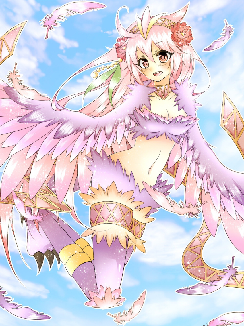 1girl ahoge bangs bird_legs blush breasts character_request cleavage dragon_poker feathers flower flying hair_between_eyes hair_flower hair_ornament hairband harpy highres lena07x long_hair midriff monster_girl navel open_mouth pink_eyes pink_feathers pink_hair pink_wings red_flower sky small_breasts solo talons very_long_hair winged_arms wings