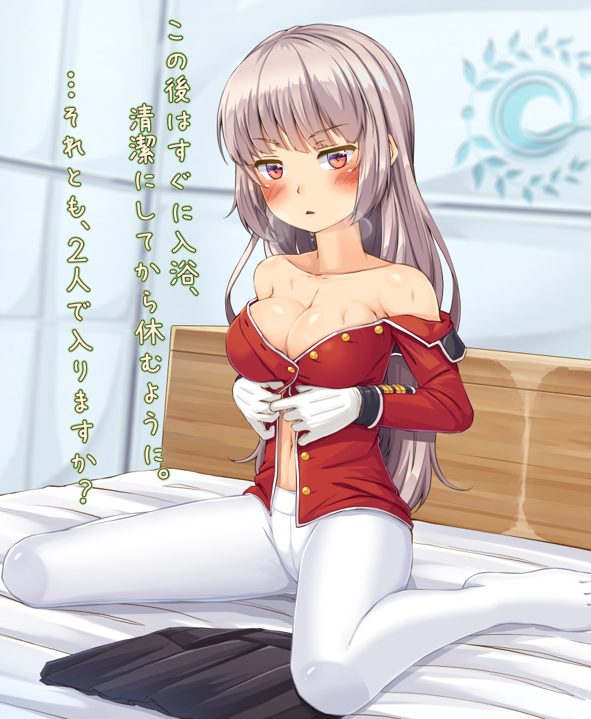 1girl absurdres adjusting_clothes bangs belt blush breasts commentary_request dressing fate/grand_order fate_(series) florence_nightingale_(fate) gloves highres kitsunerider large_breasts long_hair looking_at_viewer military military_uniform no_bra on_bed pantyhose pink_hair red_eyes sitting skirt solo translation_request uniform wariza white_gloves white_pantyhose