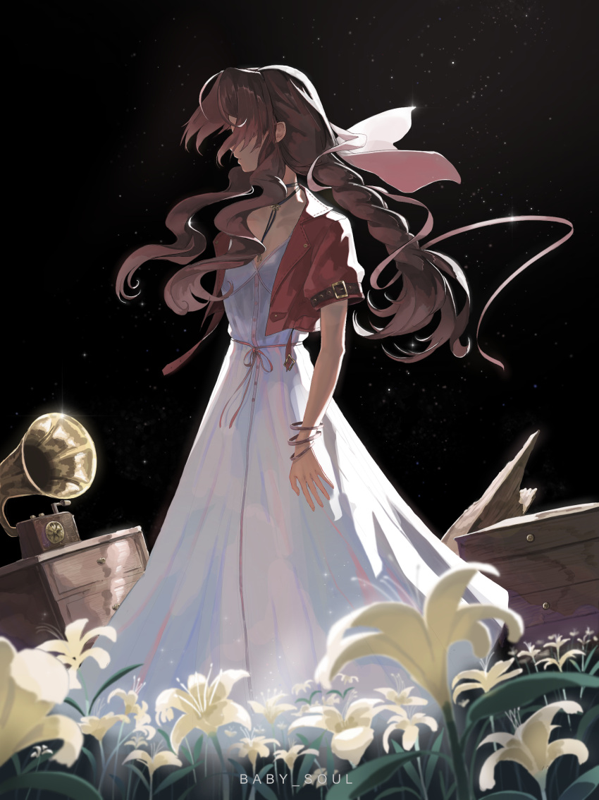 1girl absurdres aerith_gainsborough artist_name bangle bangs bracelet braid breasts brown_hair charliehero choker cropped_jacket drawer dress feet_out_of_frame final_fantasy final_fantasy_vii final_fantasy_vii_remake flower hair_over_eyes hair_ribbon hair_undone highres jacket jewelry leaf long_dress long_hair medium_breasts parted_bangs phonograph pink_dress pink_ribbon red_jacket ribbon short_sleeves sidelocks solo wavy_hair yellow_flower