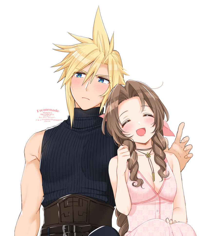 1boy 1girl aerith_gainsborough artist_name bangs bare_arms belt blonde_hair blue_eyes blue_shirt blush braid braided_ponytail breasts brown_hair choker cleavage closed_eyes cloud_strife couple dress final_fantasy final_fantasy_vii final_fantasy_vii_remake flower_choker hair_between_eyes hair_ribbon highres hover_hand krudears long_dress long_hair looking_to_the_side medium_breasts open_mouth parted_bangs pink_dress pink_ribbon ribbon shirt short_hair sidelocks sitting sleeveless sleeveless_dress sleeveless_turtleneck smile spiked_hair turtleneck twitter_username upper_body white_background