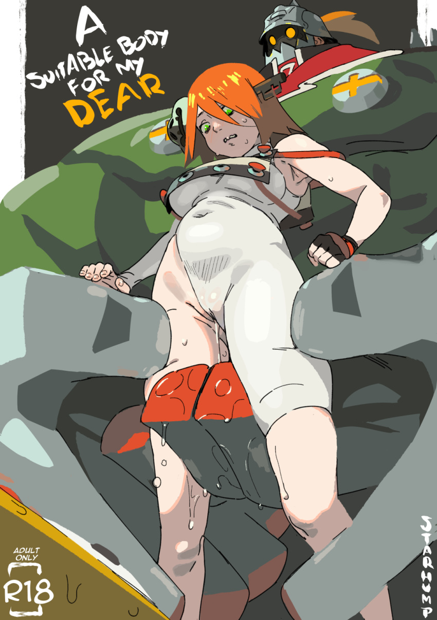 1boy 1girl a.b.a armpits bare_shoulders black_gloves blush covered_navel dripping english_text fingerless_gloves fingernails gloves green_eyes guilty_gear hair_between_eyes helmet highres key medium_hair muscular muscular_male no_pupils orange_eyes orange_hair parted_lips potemkin_(guilty_gear) pussy_juice pussy_juice_trail signature single_glove size_difference starhump sweat