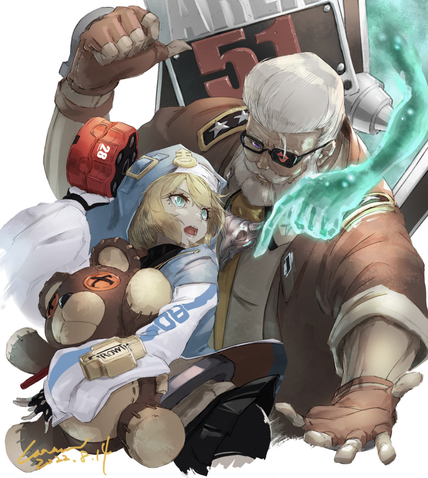 2boys absurdres androgyne_symbol beard blonde_hair blue_eyes blue_jacket bridget_(guilty_gear) coffin dated english_text facial_hair fingerless_gloves glasses gloves goldlewis_dickinson grey_hair guilty_gear guilty_gear_strive habit highres hood hoodie jacket multiple_boys mustache necktie open_mouth pointing roger_(guilty_gear) signature simple_background stuffed_animal stuffed_toy teddy_bear wawon_(wan_wawon) white_background yo-yo