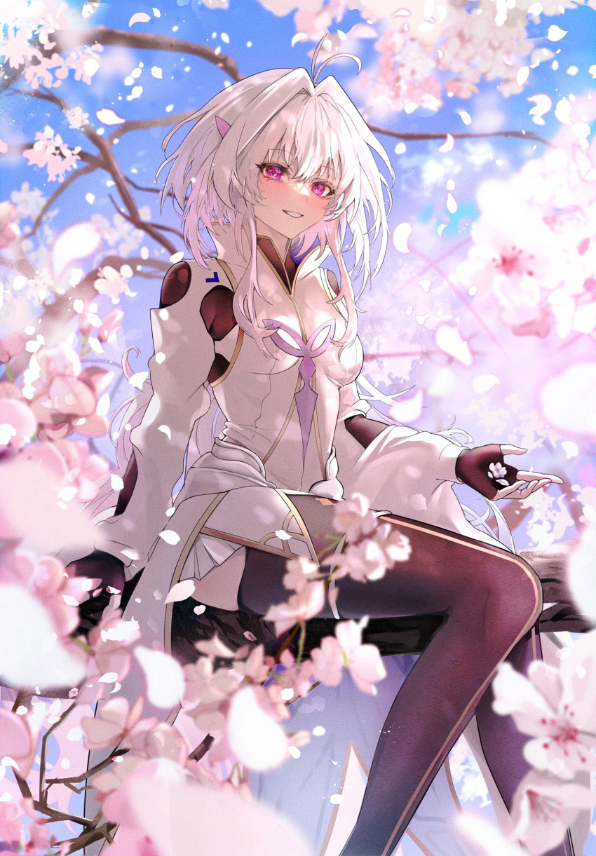 1girl ahoge bangs black_gloves black_pants blue_sky breasts cherry_blossoms diandao_qin fate/grand_order fate/prototype fate_(series) fingerless_gloves gloves grin highres long_hair long_sleeves looking_at_viewer medium_breasts merlin_(fate/prototype) pants petals purple_eyes robe sitting sky smile solo thighs tree very_long_hair white_hair white_robe wide_sleeves