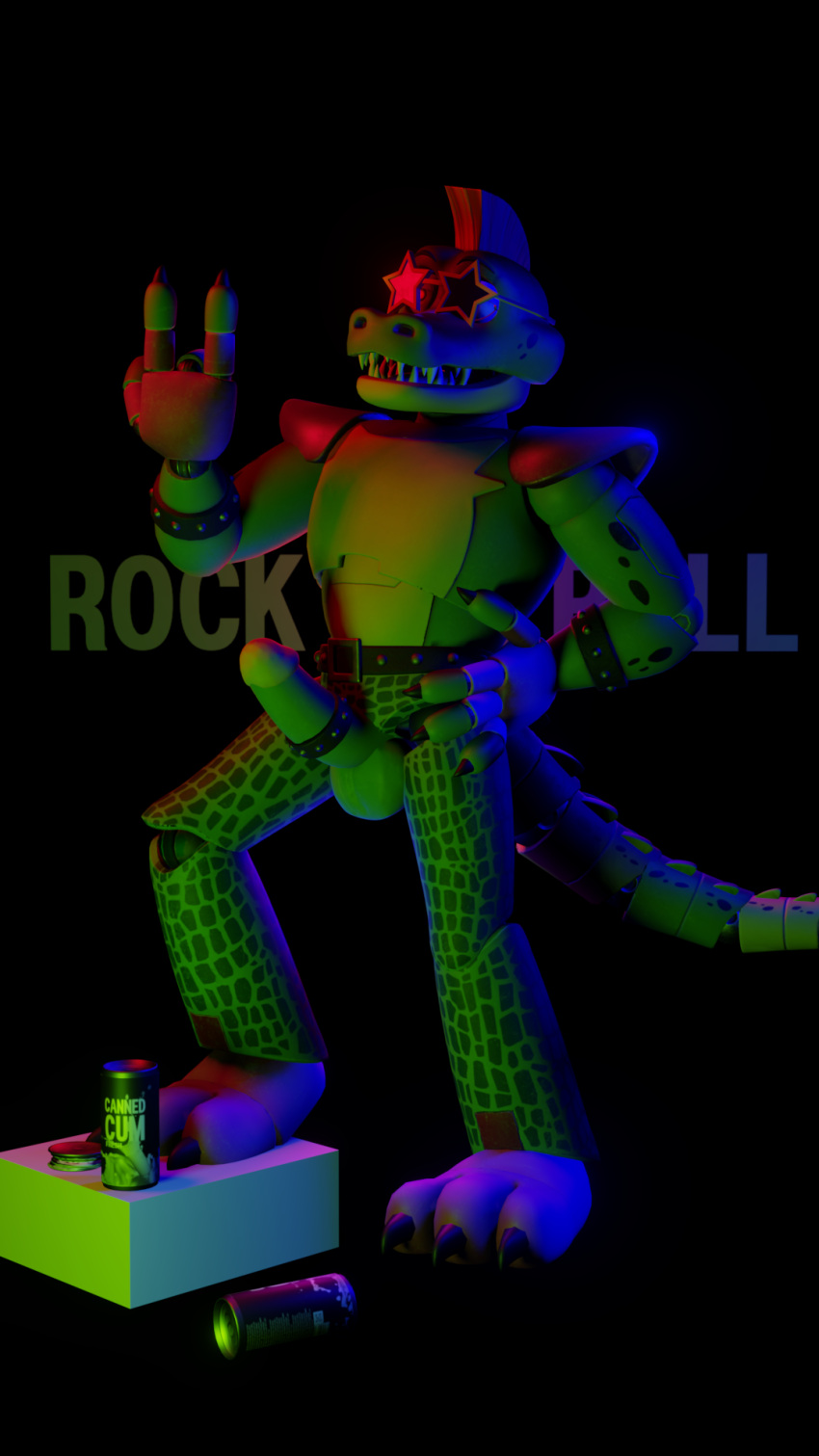 alligator alligatorid anthro balls beverage_can big_balls big_penis crocodilian digital_media_(artwork) erection five_nights_at_freddy's five_nights_at_freddy's:_security_breach genitals green_body hair hazmatsy hi_res humanoid_genitalia humanoid_penis machine male mohawk montgomery_gator_(fnaf) monty muscular penis red_hair reptile robot scalie scottgames simple_background solo teeth text video_games