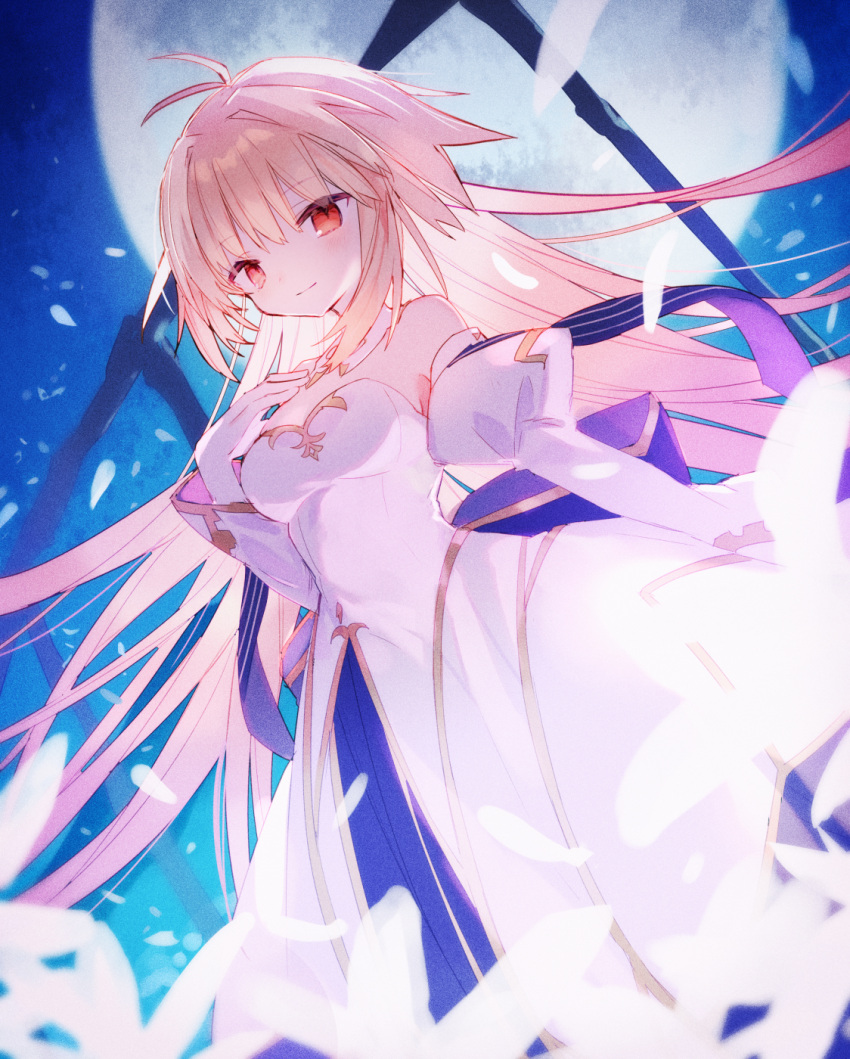 1girl archetype_earth arcueid_brunestud bangs bare_shoulders blonde_hair blue_skirt blush breasts cleavage detached_collar detached_sleeves dress fate/grand_order fate_(series) full_moon gloves highres large_breasts layered_skirt long_hair long_skirt looking_at_viewer mizumizu_(phoenix) moon night night_sky petals red_eyes skirt sky smile solo tsukihime very_long_hair white_dress white_gloves