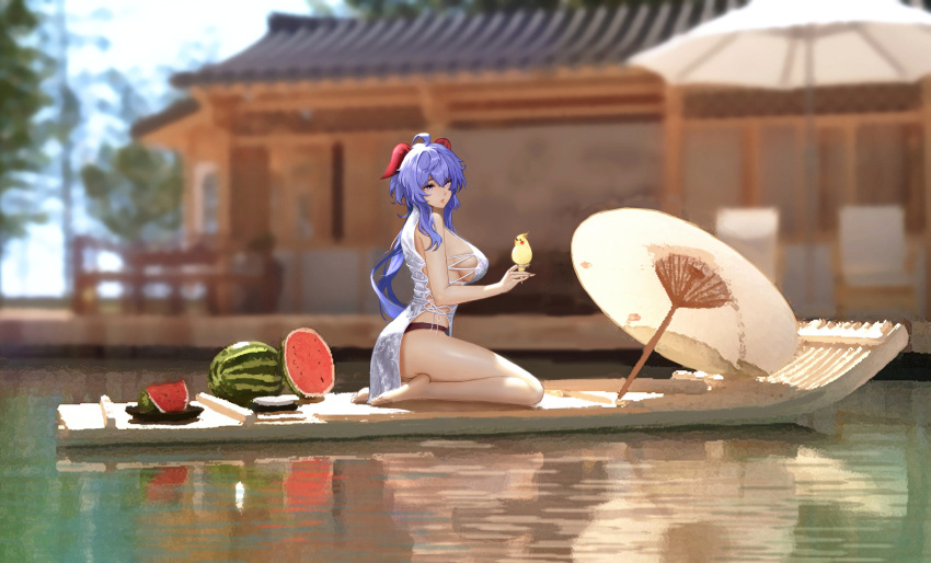 absurdres ahoge alternate_breast_size architecture bangs barefoot bird bird_on_hand blue_hair blurry boat breasts commentary_request day depth_of_field dress east_asian_architecture food fruit full_body ganyu_(genshin_impact) genshin_impact goat_horns highres horns large_breasts lips long_hair looking_to_the_side low_ponytail outdoors parted_lips pink_lips purple_eyes salted_fish_smile sideboob sidelocks sitting skindentation watercraft watermelon white_dress