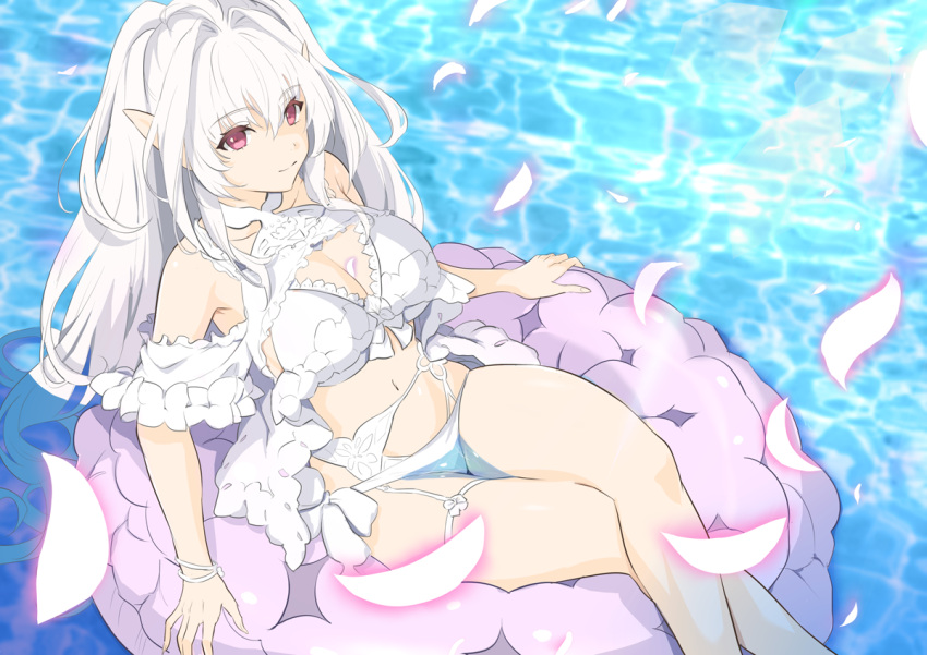 1girl ahoge bangs bare_shoulders bikini breasts cleavage dtawawa fate/grand_order fate_(series) frilled_bikini frills innertube long_hair looking_at_viewer medium_breasts merlin_(fate/prototype) merlin_(fate/prototype)_(swimsuit_pretender) navel purple_eyes sitting smile solo swimsuit thighs very_long_hair water white_bikini white_hair