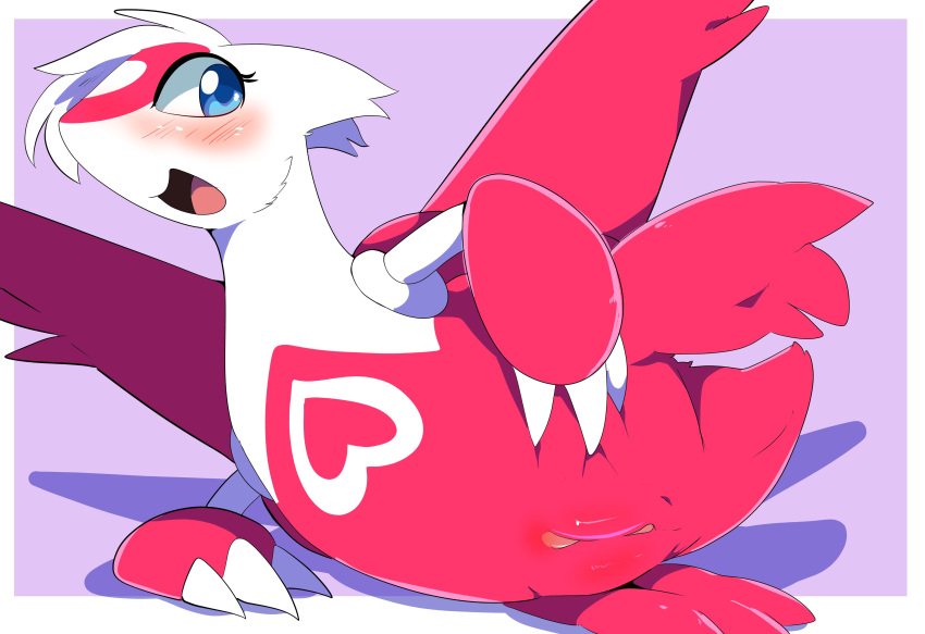 absurd_res anus blue_eyes blush female genitals hi_res latias legendary_pok&eacute;mon looking_at_viewer luuriolu lying nintendo open_mouth pok&eacute;mon pok&eacute;mon_(species) presenting pussy red_body solo video_games white_body