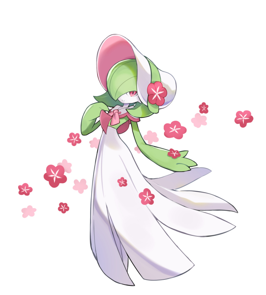 bonnet closed_mouth commentary_request full_body gardevoir hand_up highres kazana_(sakuto) looking_at_viewer pokemon pokemon_(creature) pokemon_(game) pokemon_unite red_eyes smile solo white_background white_headwear