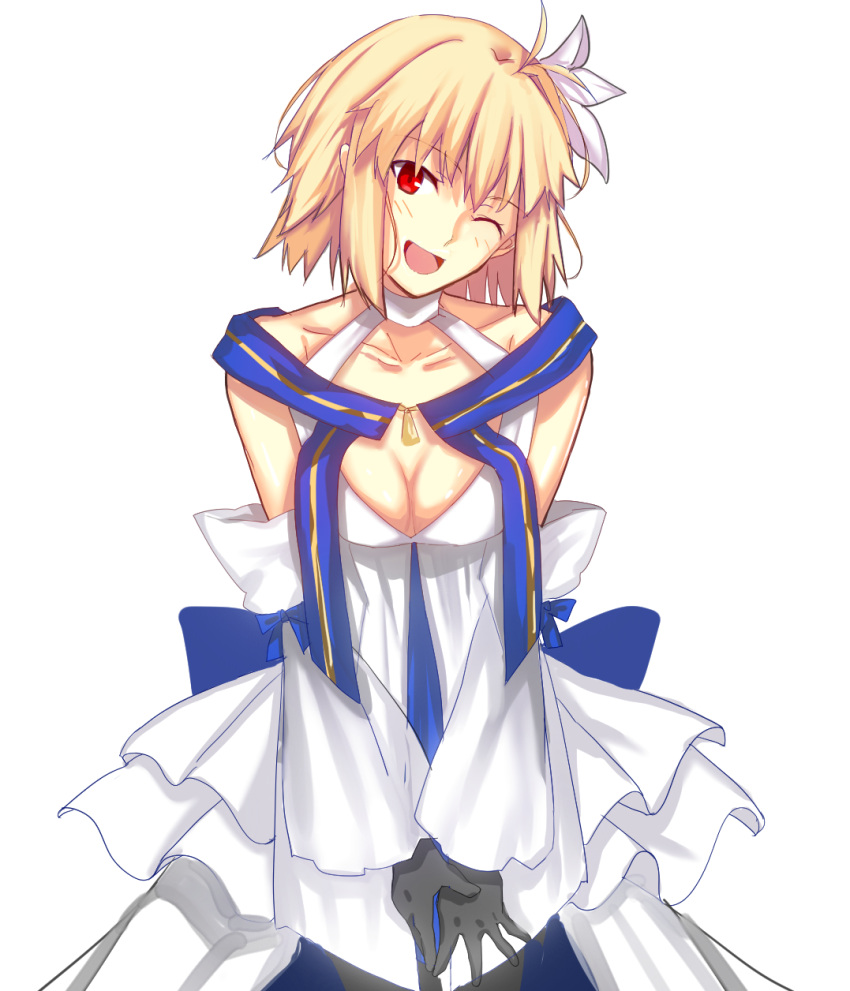 1girl arcueid_brunestud bangs bare_shoulders black_gloves blonde_hair blue_skirt blush breasts cleavage detached_sleeves dress fate/grand_order fate_(series) flower gloves hair_flower hair_ornament highres iro_(sekaixiro) large_breasts long_skirt looking_at_viewer multicolored_clothes multicolored_skirt one_eye_closed open_mouth red_eyes short_hair skirt smile solo tsukihime white_dress white_skirt