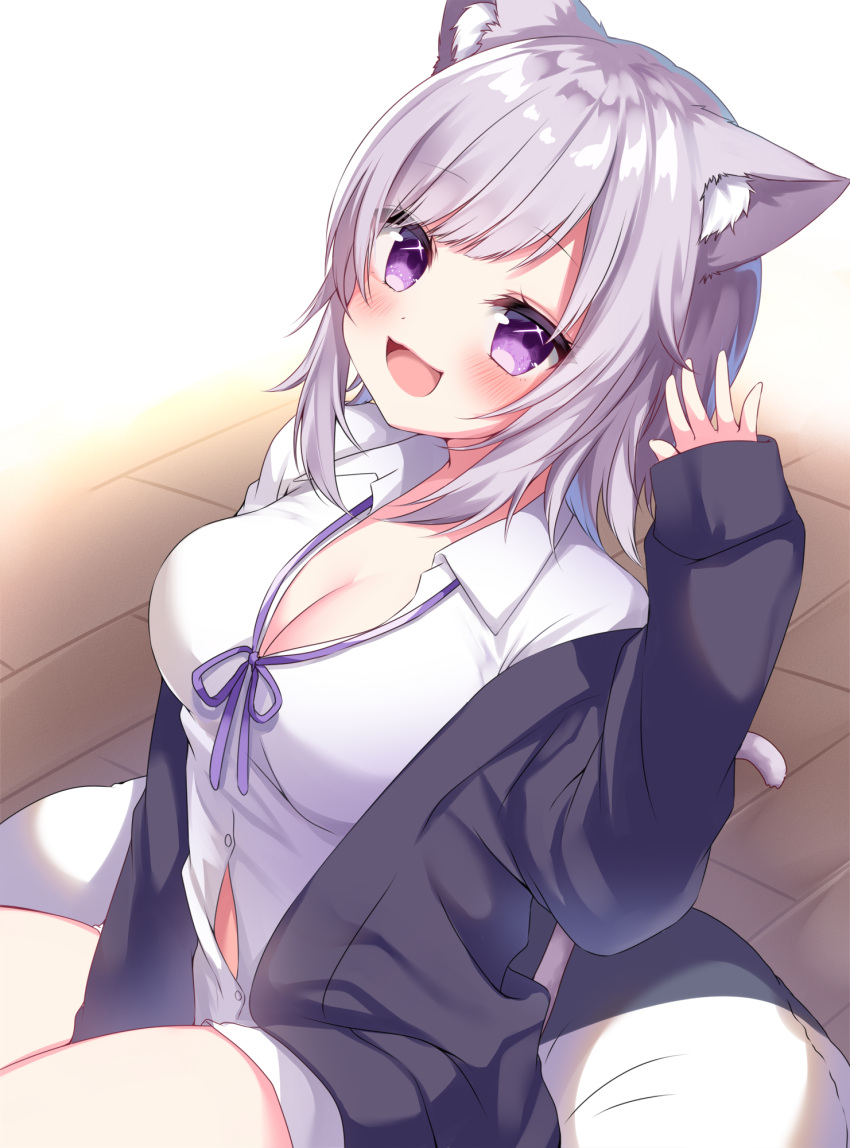 1girl :3 :d animal_ear_fluff animal_ears bangs black_jacket blush breasts button_gap cat_ears cat_girl cat_tail cleavage collared_shirt diagonal_bangs dress_shirt highres hololive jacket large_breasts looking_at_viewer nekomata_okayu no_pants open_clothes open_jacket partially_unbuttoned purple_eyes purple_hair shinonome_asu shirt short_hair sitting smile solo sparkling_eyes tail virtual_youtuber white_shirt