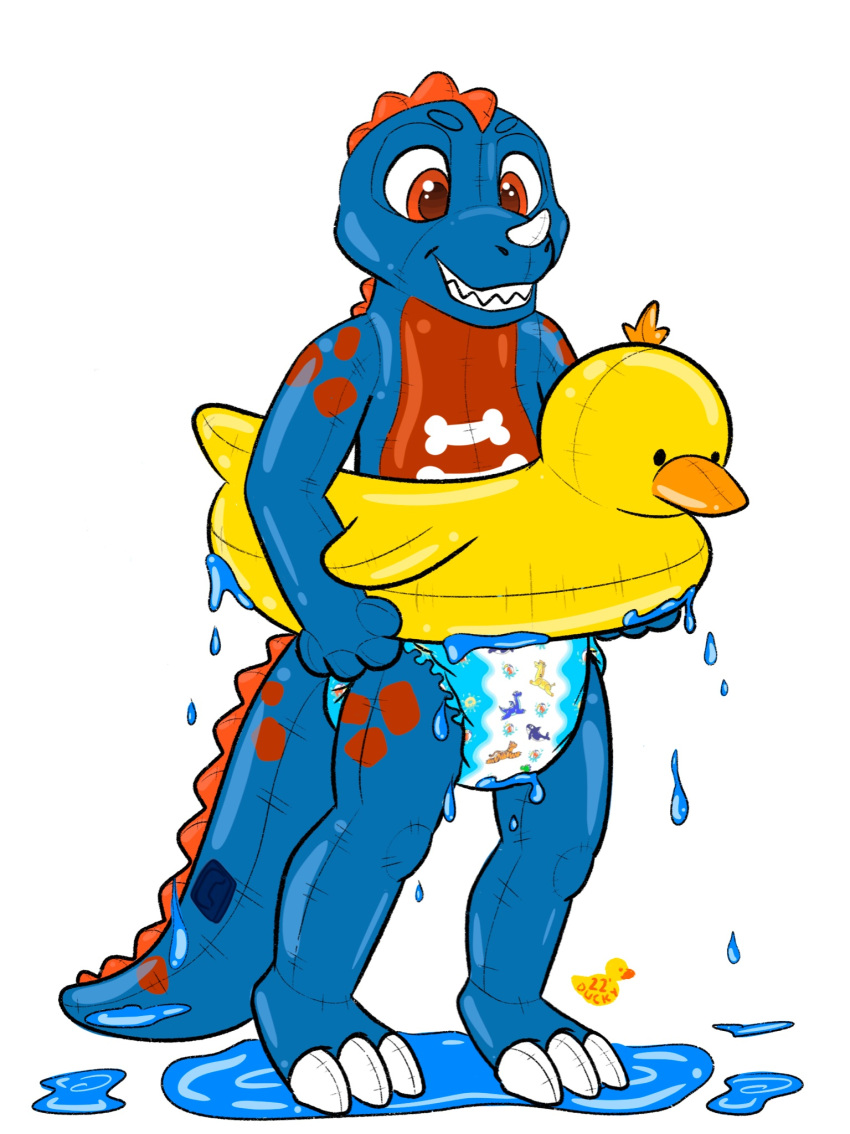 anatid animate_inanimate anseriform anthro avian bird bodily_fluids diaper dinosaur duck duckydalmation genital_fluids happy hi_res inflatable leslie_(experiment626) living_inflatable male pool_toy puddle reptile scalie smile solo swim_ring theropod toothy_grin tyrannosaurid tyrannosaurus tyrannosaurus_rex urine water wet wet_diaper wetting