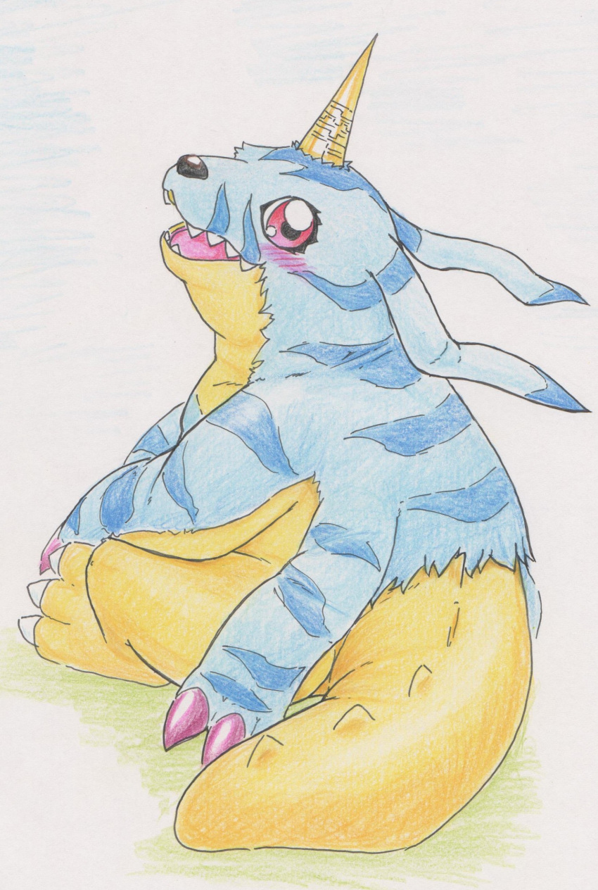 absurd_res animal_skin anthro bandai_namco blush digimon digimon_(species) fur gabumon hi_res horn looking_at_viewer male red_eyes sitting slightly_chubby solo striped_body striped_fur stripes tabasukotrr traditional_media_(artwork) yellow_body