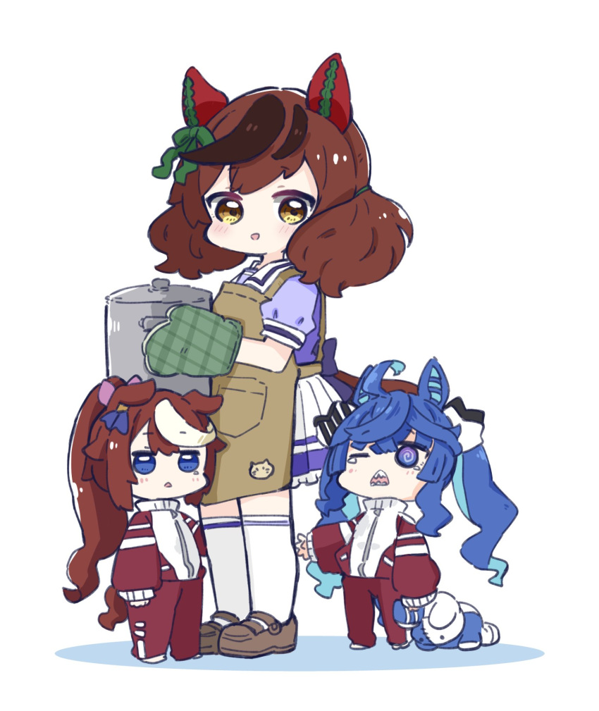 3girls ahoge animal_ears apron bangs black_hair blue_eyes blue_hair blue_shirt blush bow brown_apron brown_footwear brown_hair chibi colored_shadow commentary cooking_pot ear_bow frilled_skirt frills green_bow hair_between_eyes highres holding holding_stuffed_toy horse_ears horse_girl horse_tail jacket loafers long_sleeves looking_at_viewer multicolored_hair multiple_girls nice_nature_(umamusume) nozo_(hitomiz) open_mouth oven_mitts pants parted_lips pleated_skirt ponytail puffy_long_sleeves puffy_short_sleeves puffy_sleeves red_jacket red_pants school_uniform shadow sharp_teeth shirt shoes short_sleeves simple_background skirt sleeves_past_wrists smile standing streaked_hair stuffed_animal stuffed_bunny stuffed_toy tail tears teeth thighhighs tokai_teio_(umamusume) tracen_school_uniform track_jacket track_pants track_suit twin_turbo_(umamusume) twintails umamusume white_background white_hair white_skirt white_thighhighs