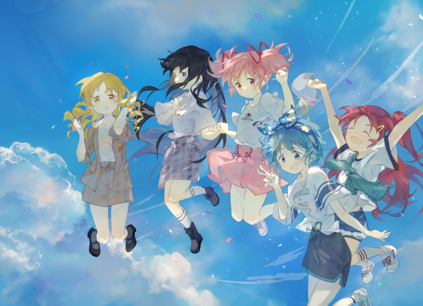 5girls :d :o ^_^ ^o^ absurdres akemi_homura alternate_costume ankle_boots arms_up bangs black_footwear black_hair black_hairband blonde_hair blue_background blue_eyes blue_hair blue_hairband blue_shorts blue_sky boots brown_jacket brown_skirt casual character_print closed_eyes clothes_writing cloud collarbone commentary covered_mouth cross-laced_footwear drill_hair english_commentary everyone fang full_body green_sash grey_skirt grey_socks hair_ornament hair_ribbon hairband hairclip hand_up happy highres holding_hands jacket jumping kaname_madoka kyubey long_hair looking_at_another looking_at_viewer mahou_shoujo_madoka_magica mary_janes medium_hair midair miki_sayaka multiple_girls one_side_up open_mouth outdoors pencil_skirt pink_eyes pink_hair pink_skirt plaid plaid_jacket plaid_skirt pocket purple_eyes purple_skirt red_hair ribbon sakura_kyouko sash shirt shoes short_hair short_sleeves short_twintails shorts siren_(jzy601306223) skin_fang skirt sky smile sneakers socks tomoe_mami twin_drills twintails v white_footwear white_shirt white_socks yellow_eyes