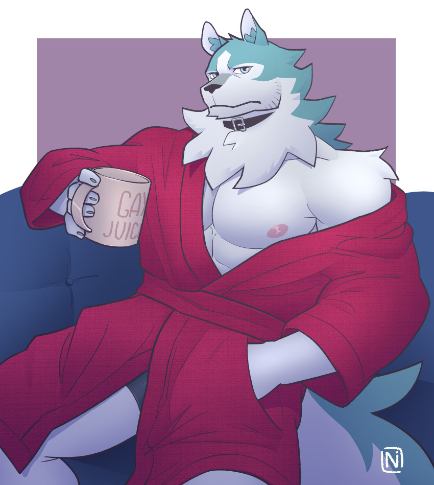 2022 absurd_res anthro bathrobe brand_new_animal canid canine canis clothing collar fur grey_body grey_fur hand_in_pocket hi_res male mammal mug multicolored_body multicolored_fur muscular muscular_anthro muscular_male netflix ni_draw nipples pecs pockets robe shirou_ogami sitting solo studio_trigger two_tone_body two_tone_fur white_body white_fur wolf