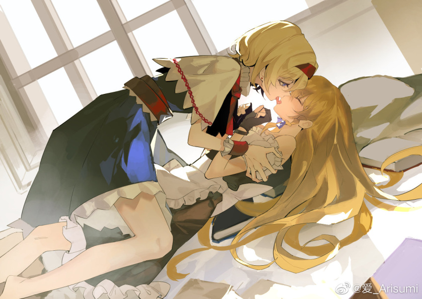 2girls alice_margatroid apron arm_grab bare_shoulders barefoot black_skirt black_vest blonde_hair blue_dress blue_eyes blush book capelet closed_eyes commentary_request dress dutch_angle fingerless_gloves french_kiss full-face_blush gloves hairband hand_on_another's_arm indoors kaoru_(alicemakoto) kirisame_marisa kiss long_hair looking_at_another lying medium_hair multiple_girls necktie off-shoulder_shirt off_shoulder on_back on_person open_mouth red_hairband red_necktie red_ribbon ribbon shirt sitting sitting_on_person skirt tongue tongue_out touhou vest waist_apron watermark white_capelet white_shirt wrist_cuffs yuri