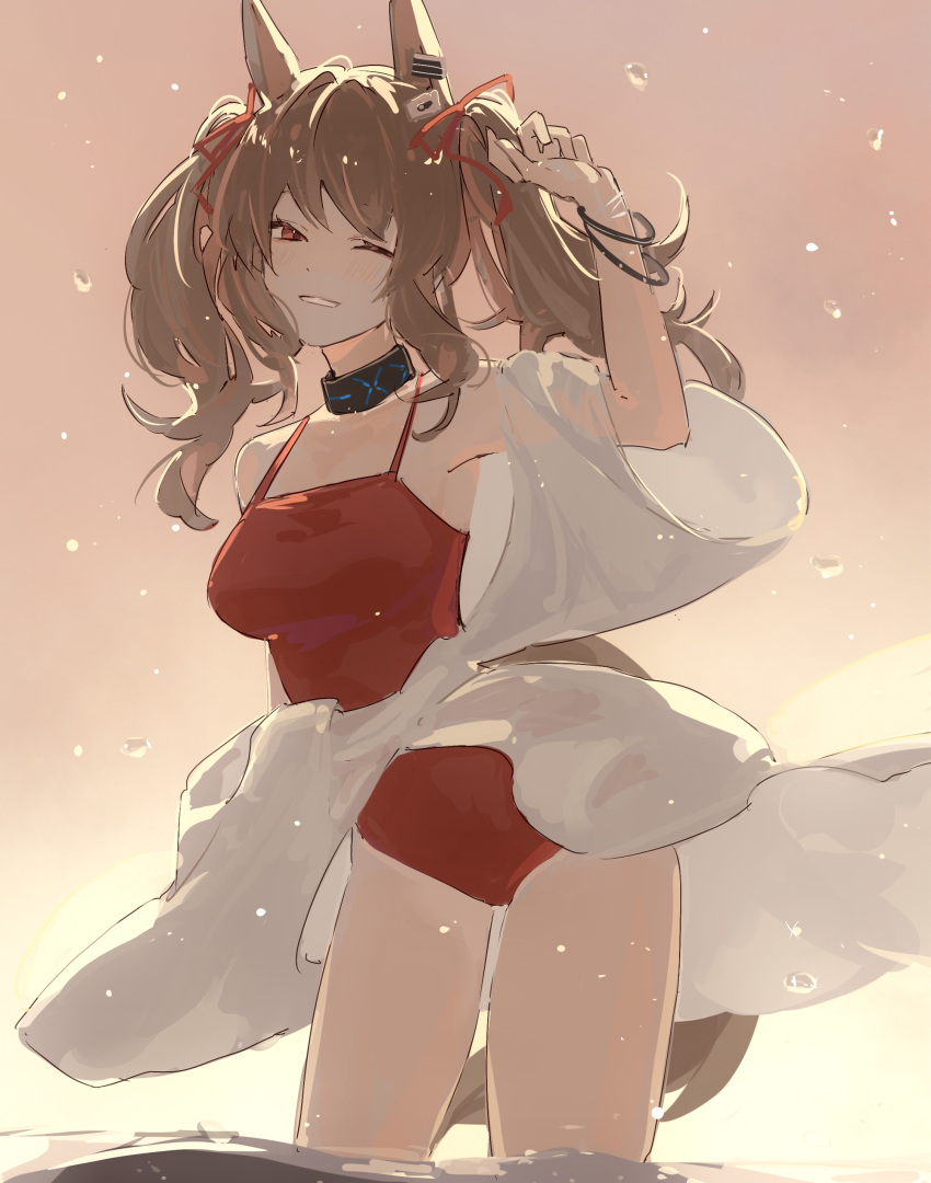 1girl absurdres angelina_(arknights) angelina_(summer_flowers)_(arknights) animal_ears arknights bangs bare_shoulders black_choker brown_hair choker cowboy_shot fox_ears hair_ribbon hand_up highres infection_monitor_(arknights) long_hair looking_at_viewer nakatsuka123 off_shoulder one-piece_swimsuit one_eye_closed red_eyes red_ribbon red_swimsuit ribbon smile solo standing swimsuit thighs