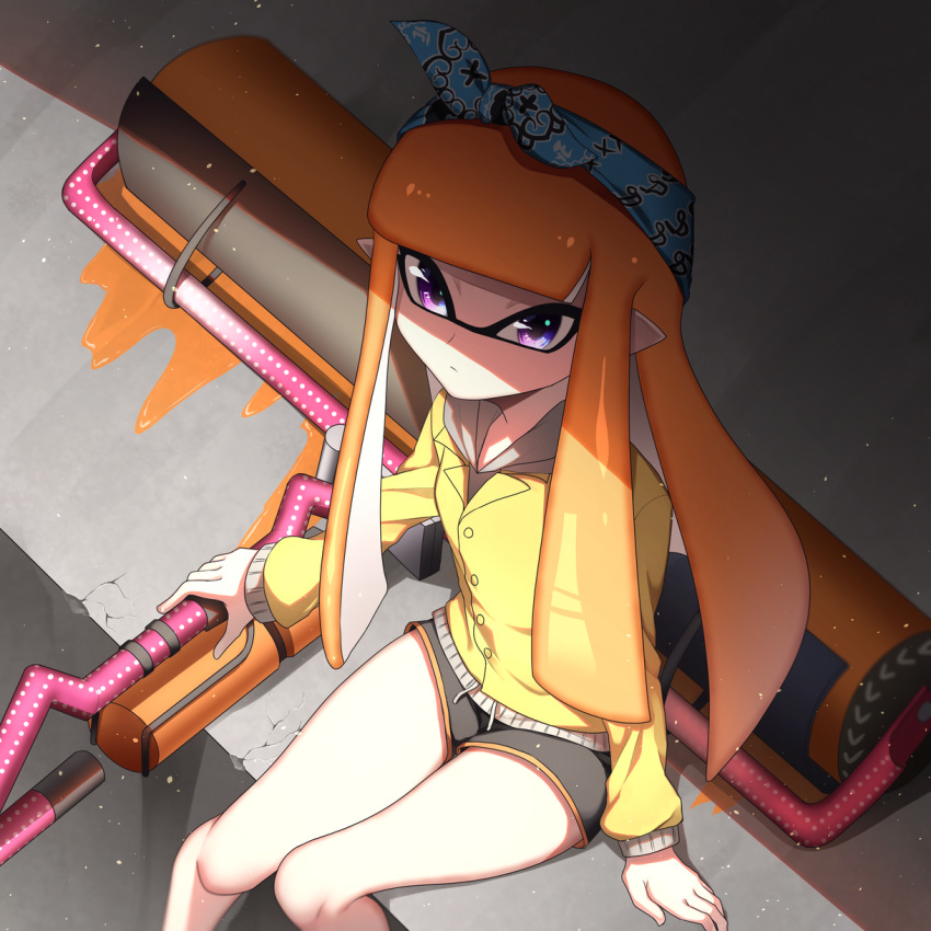 1girl bandana bangs black_shorts blue_bandana blunt_bangs carbon_roller_(splatoon) closed_mouth commentary_request dolphin_shorts dust_cloud forute_na from_above grey_shirt highres holding holding_weapon inkling jacket light_frown long_hair long_sleeves looking_at_viewer orange_hair paint_splatter pointy_ears purple_eyes shade shirt short_shorts shorts sitting solo splatoon_(series) splatoon_2 tentacle_hair weapon yellow_jacket