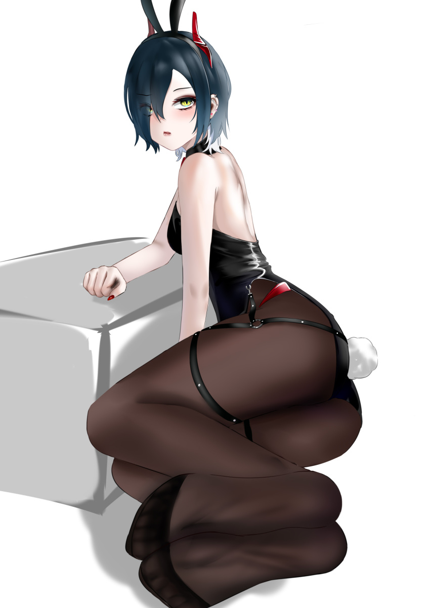 1girl absurdres alternate_costume animal_ears azur_lane back bangs black_hair black_leotard blush breasts brown_pantyhose chinese_commentary closed_mouth ear_piercing fake_animal_ears feet full_body hair_between_eyes hair_over_one_eye hand_on_table highres horns legs leotard lips looking_at_viewer mianbaoren nail_polish on_floor pantyhose piercing playboy_bunny rabbit_ears rabbit_tail red_horns red_nails short_hair soles solo table tail thighs ulrich_von_hutten_(azur_lane) white_background yellow_eyes