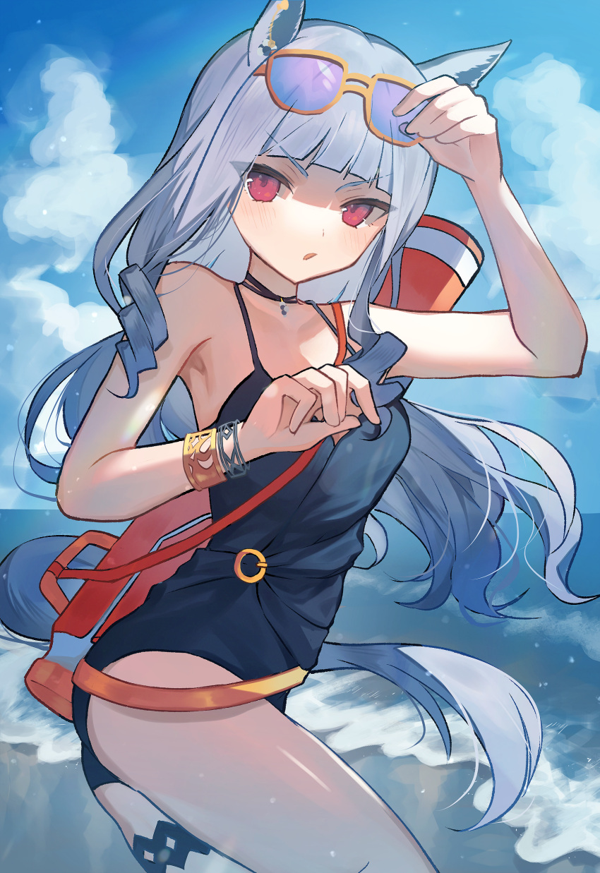 1girl :o absurdres animal_ears bangs beach black_choker black_swimsuit blue_skirt blunt_bangs breasts choker cleavage cloud cloudy_sky eyewear_on_head gold_ship_(run_revolt_launcher)_(umamusume) gold_ship_(umamusume) hajime_daijo highres horse_ears horse_girl horse_tail long_hair looking_at_viewer open_mouth outdoors purple_eyes purple_hair skirt sky swimsuit tail umamusume water