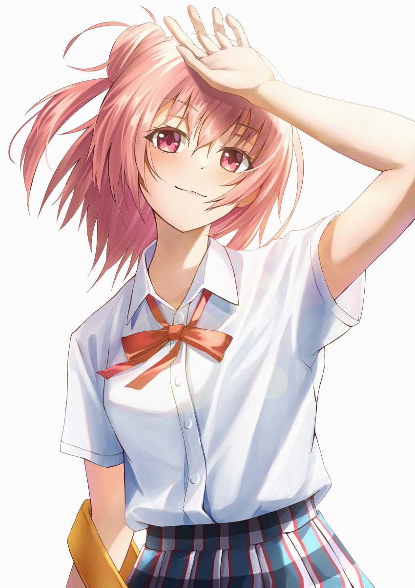 1girl :3 absurdres alternate_eye_color arm_up bangs chakuma_(yiyh1468) closed_mouth collared_shirt dress_shirt floating_hair hair_between_eyes hair_bun highres long_hair neck_ribbon pink_hair plaid plaid_skirt pleated_skirt red_eyes red_ribbon ribbon school_uniform shirt short_sleeves simple_background skirt smile sobu_high_school_uniform solo upper_body white_background white_shirt wing_collar yahari_ore_no_seishun_lovecome_wa_machigatteiru. yuigahama_yui