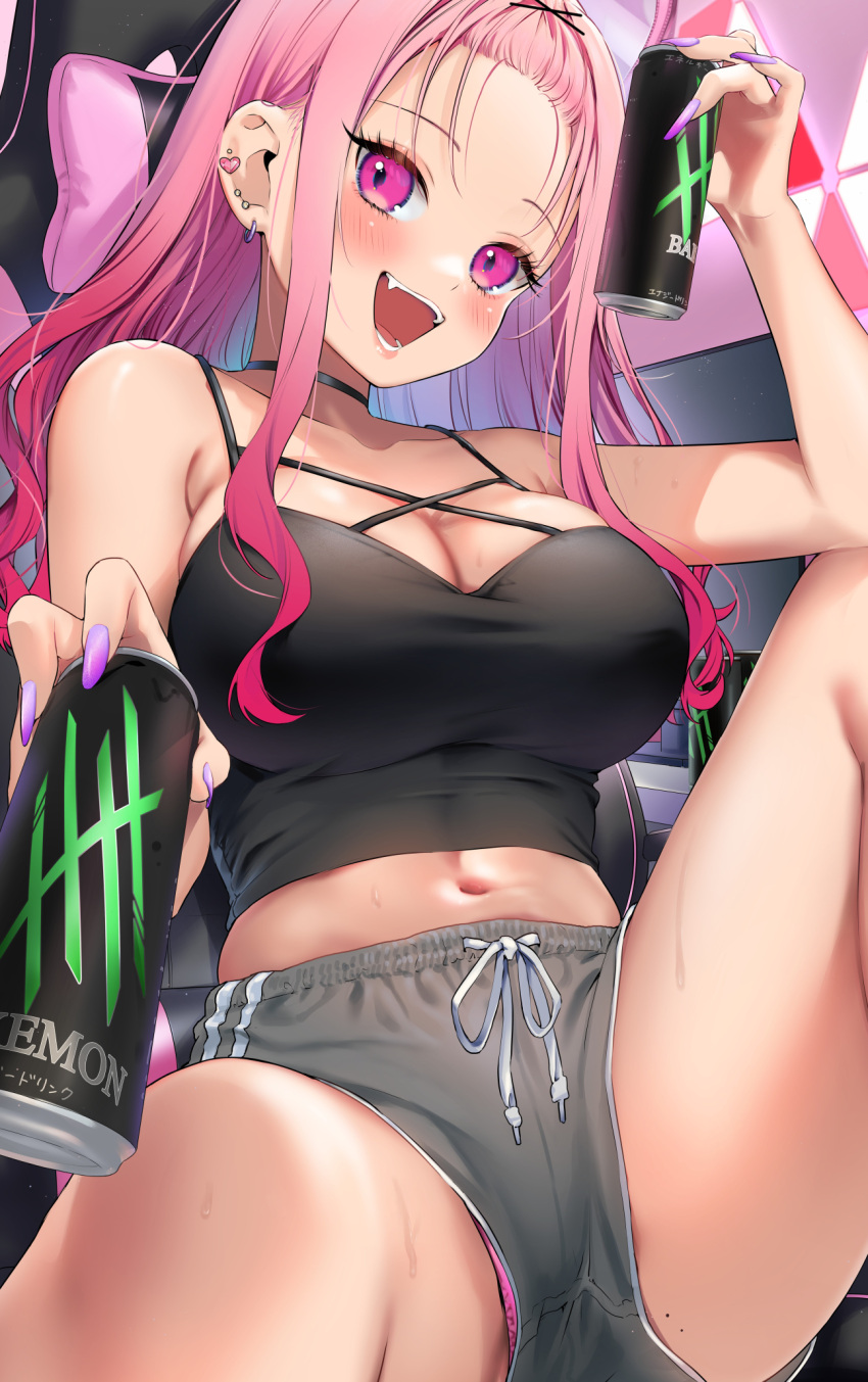 1girl bare_arms bare_legs bare_shoulders black_camisole blush breasts camisole can chair choker collarbone ear_piercing energy_drink fang fingernails forehead gaming_chair geshumaro gradient_hair gyaru hair_ribbon highres holding holding_can looking_at_viewer midriff mole mole_on_thigh multicolored_hair navel original panties panty_peek piercing pink_eyes pink_nails ribbon short_shorts shorts sidelocks sitting smile soda_can solo spread_legs underwear