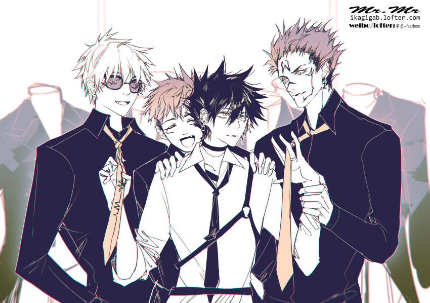 4boys bangs chest_harness clothes_shop collared_shirt commentary_request dress_shirt facial_mark facial_tattoo fushiguro_megumi gojou_satoru hair_between_eyes hands_on_another's_shoulders harness height_difference highres holding_another's_wrist ikag itadori_yuuji jewelry jujutsu_kaisen long_sleeves looking_at_another male_focus mannequin multiple_boys necktie necktie_grab neckwear_grab open_mouth ring ryoumen_sukuna_(jujutsu_kaisen) shirt short_hair smile spiked_hair sunglasses tattoo yaoi