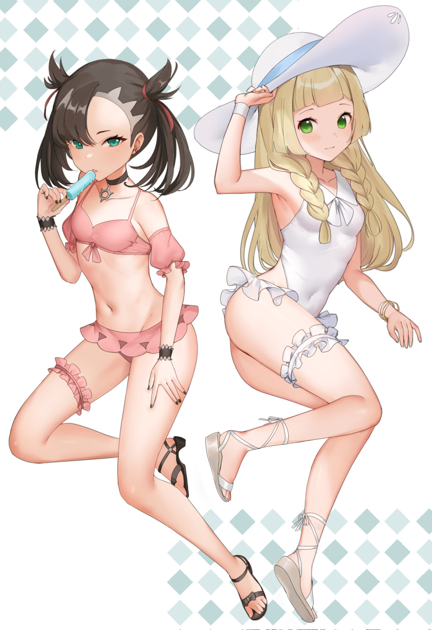 2girls armpits bare_shoulders bikini bikini_skirt black_nails blonde_hair blush bracelet braid breasts choker commentary_request covered_navel earrings fingernails food full_body green_eyes haru_(nakajou-28) hat highres holding holding_food jewelry lillie_(pokemon) looking_at_viewer marnie_(pokemon) multiple_girls nail_polish navel one-piece_swimsuit pink_bikini pokemon pokemon_(game) pokemon_swsh popsicle puffy_short_sleeves puffy_sleeves sandals shiny shiny_hair short_sleeves short_twintails simple_background skirt small_breasts stomach sun_hat swimsuit thigh_strap thighs toes twin_braids twintails white_swimsuit wristband