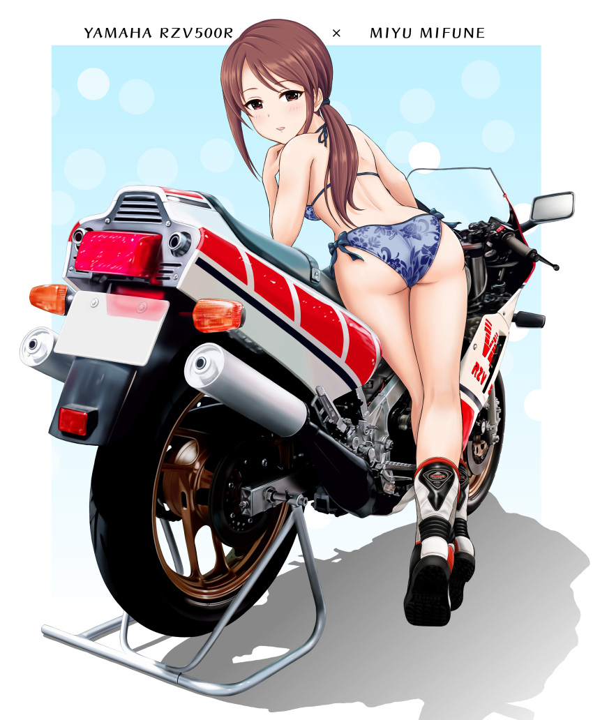 1girl absurdres ass back bangs bikini blue_bikini blush bow bow_bikini brown_eyes brown_hair character_name commentary crossed_ankles flick_(sal23) floral_print from_behind ground_vehicle hair_tie half-closed_eyes halterneck highres idolmaster idolmaster_cinderella_girls kneepits leaning_forward logo long_hair looking_at_viewer looking_back mifune_miyu motor_vehicle motorcycle outside_border parted_lips print_bikini shadow solo standing swept_bangs swimsuit yamaha yamaha_rzv500r