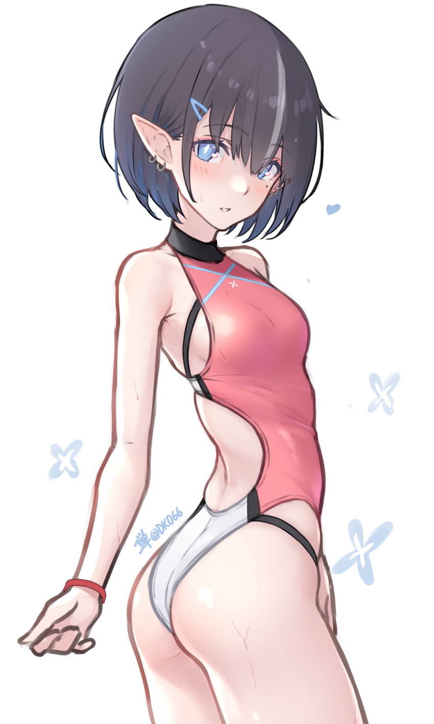 1girl ass bare_shoulders black_hair blue_eyes blush breasts competition_swimsuit cowboy_shot dan_(kumadan) earrings elf hair_ornament hairclip highleg highleg_swimsuit highres jewelry looking_at_viewer one-piece_swimsuit original parted_lips pink_swimsuit pointy_ears short_hair simple_background small_breasts solo swimsuit white_background