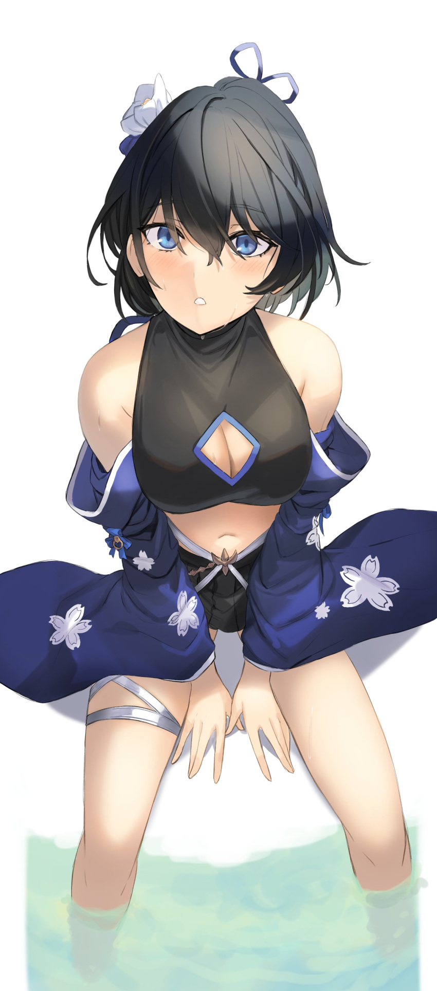 1girl absurdres bangs bare_shoulders black_hair black_shirt black_skirt blue_eyes blush breasts cleavage cleavage_cutout clothing_cutout crop_top detached_sleeves flower ganesagi granblue_fantasy hair_flower hair_ornament highres looking_at_viewer looking_up medium_breasts midriff miniskirt navel shion_(granblue_fantasy) shirt short_sleeves sitting skirt sleeveless sleeveless_shirt soaking_feet solo sweat water white_background wide_sleeves