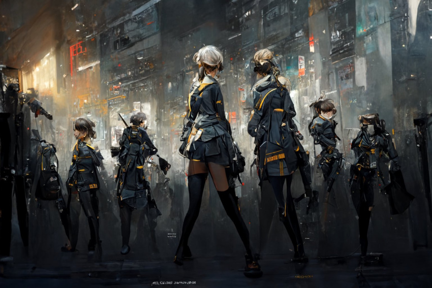 6+others ambiguous_gender billboard black_hair brown_hair building cityscape commentary_request crowd cyberpunk dreadtie long_hair mask multiple_others original short_hair tactical_clothes white_hair