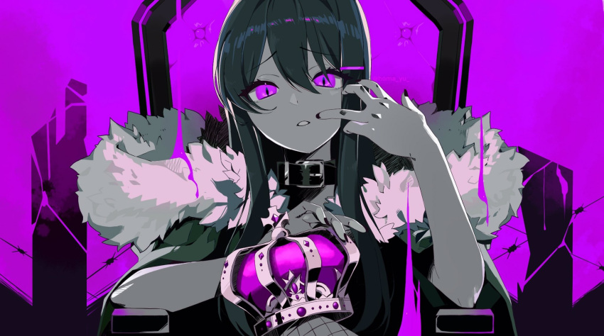 1girl bangs belt_collar broken_glass collar crossed_legs crown doki_doki_literature_club elbow_rest fishnets frown fur_collar glass hair_ornament hairclip highres king_(vocaloid) long_hair monochrome nail_polish parted_lips purple_eyes purple_theme saihara_homare sitting slit_pupils solo throne yuri_(doki_doki_literature_club)