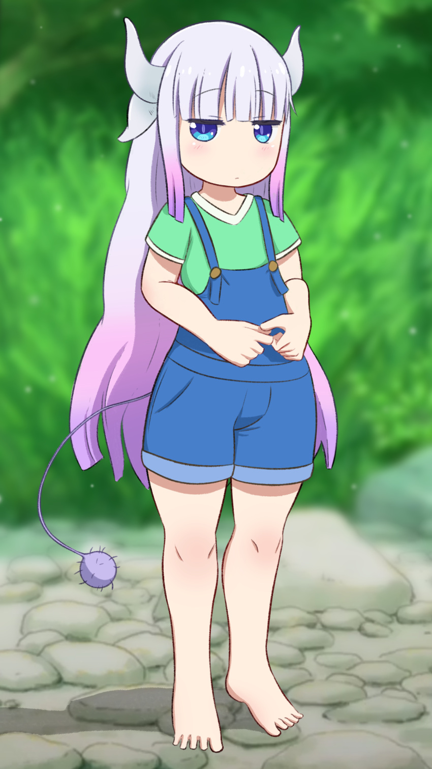 2022 5_fingers 5_toes absurd_res animal_humanoid barefoot blue_eyes blush clothed clothing detailed_background dragon dragon_humanoid feet female fingers greatm8sfm green_clothing green_shirt green_topwear hair hi_res horn humanoid kanna_kamui long_hair miss_kobayashi's_dragon_maid overalls purple_hair shirt solo standing toes topwear young