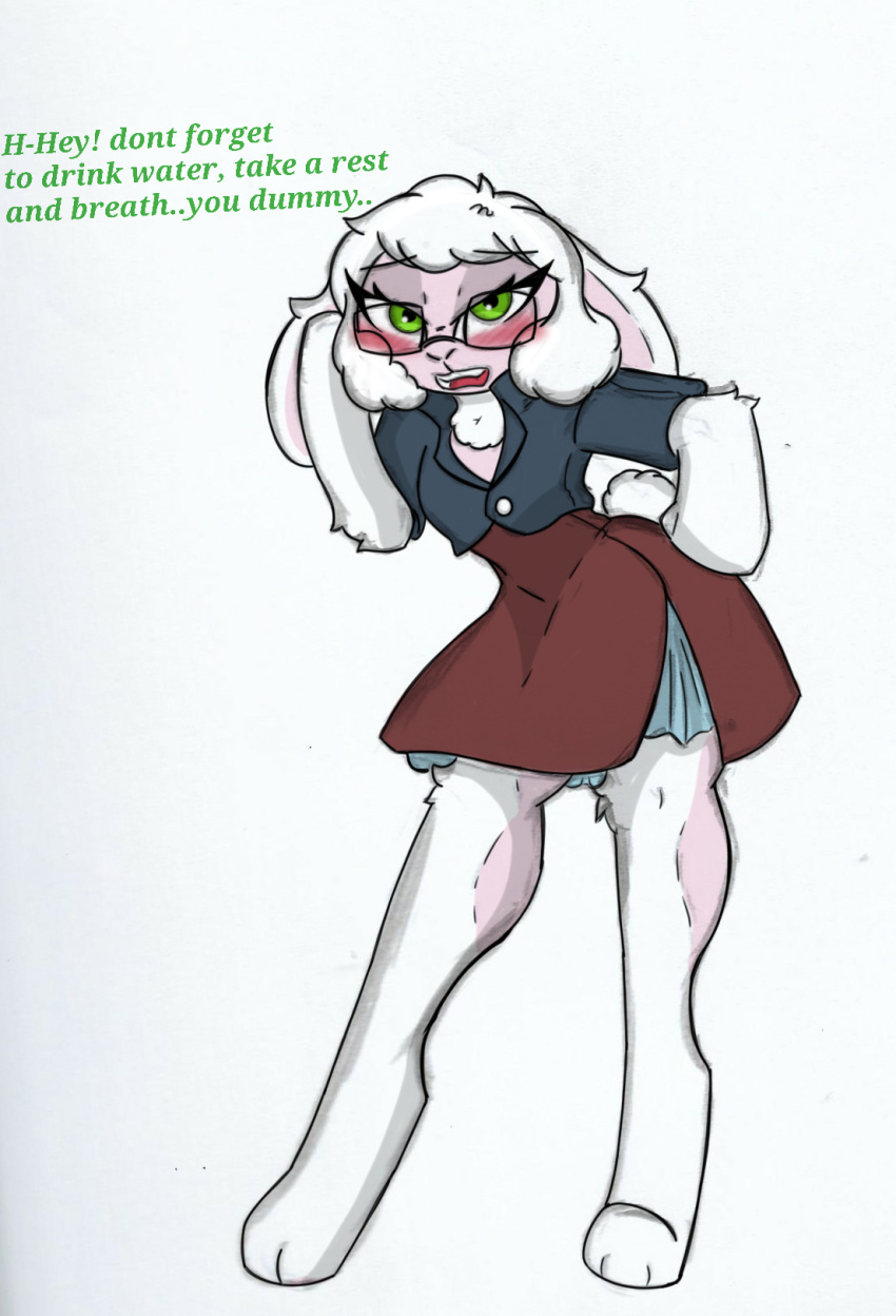 anthro blush bottomwear bovid caprine clothing dawn_bellwether dialogue disney elbow_tuft english_text eyewear female fur glasses green_eyes hand_on_hip hi_res jacket mammal open_mouth pace-maker sheep simple_background skirt solo text topwear white_background wool_(fur) zootopia
