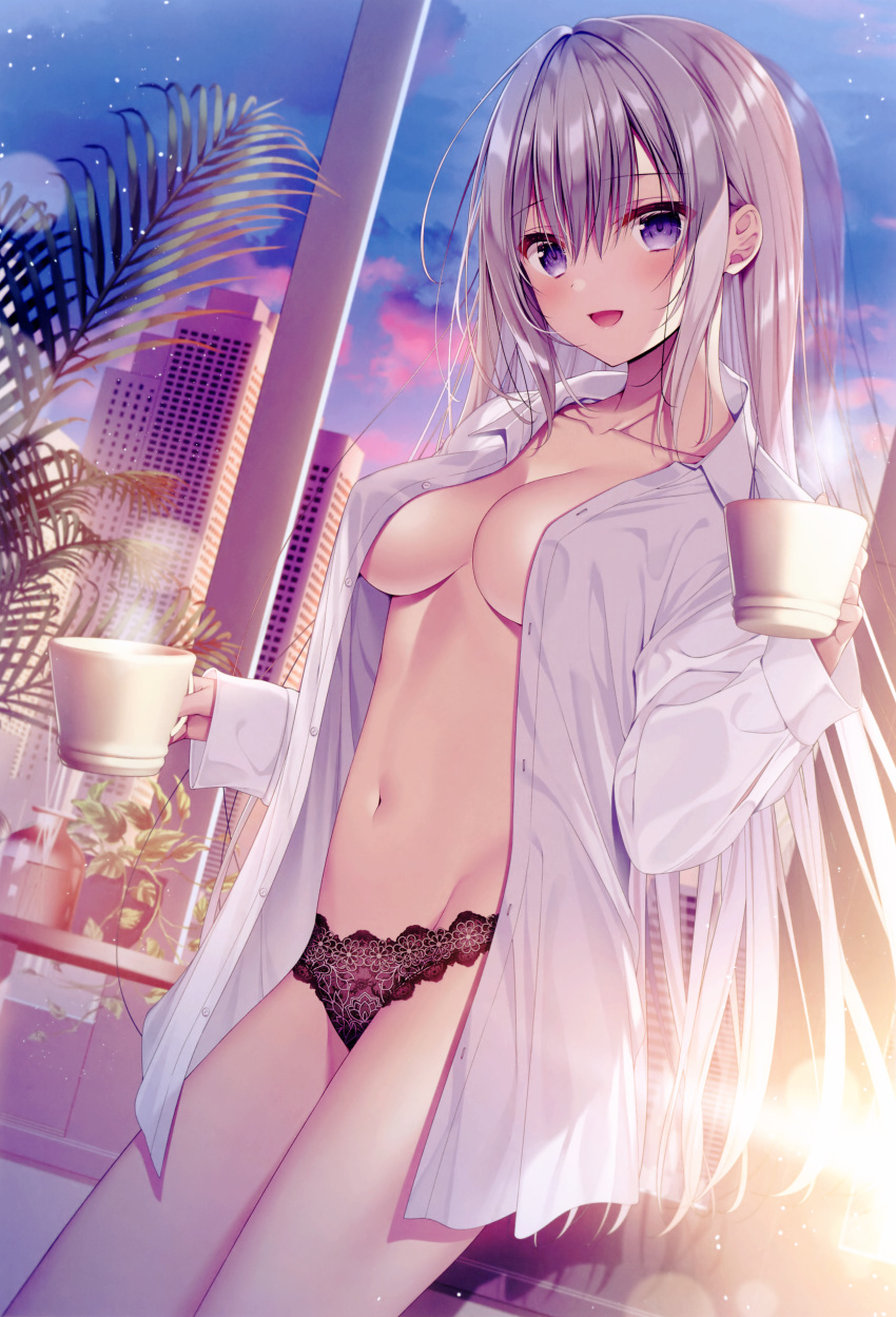 1girl :d absurdres ahoge apartment bangs black_panties blush breasts building buttons cleavage coffee_cup collarbone collared_shirt cowboy_shot cup disposable_cup dress_shirt drinking_glass eyelashes groin hair_between_eyes hair_intakes highres holding holding_cup indoors lace lace_panties large_breasts leaf lens_flare long_hair long_sleeves looking_at_viewer melonbooks mug navel no_bra non-web_source open_clothes open_shirt original panties plant potted_plant purple_eyes shirt sidelocks smile solo standing stomach tanihara_natsuki underwear very_long_hair white_shirt window wing_collar