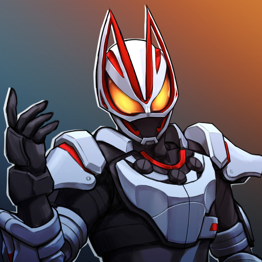 1boy armor black_bodysuit black_gloves blue_background bodysuit compound_eyes english_commentary fox fox_mask gloves highres kamen_rider kamen_rider_geats kamen_rider_geats_(series) kitsune magnum_boost male_focus mask open_hands orange_background pose rence shoulder_armor tokusatsu two-tone_background upper_body white_armor