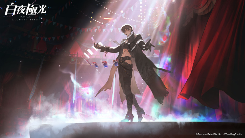 1boy alchemy_stars bangs belt belt_buckle black_coat black_footwear black_gloves black_hair black_pants black_shirt boots braid buckle card chain circus coat company_name copyright copyright_name curtains eyepatch floating_card gloves high_heel_boots high_heels highres holding holding_card indoors jeno_(alchemy_stars) long_hair long_sleeves male_focus midriff navel official_art open_mouth outstretched_arms pants shirt single_braid smoke solo spotlight stage string_of_flags walking