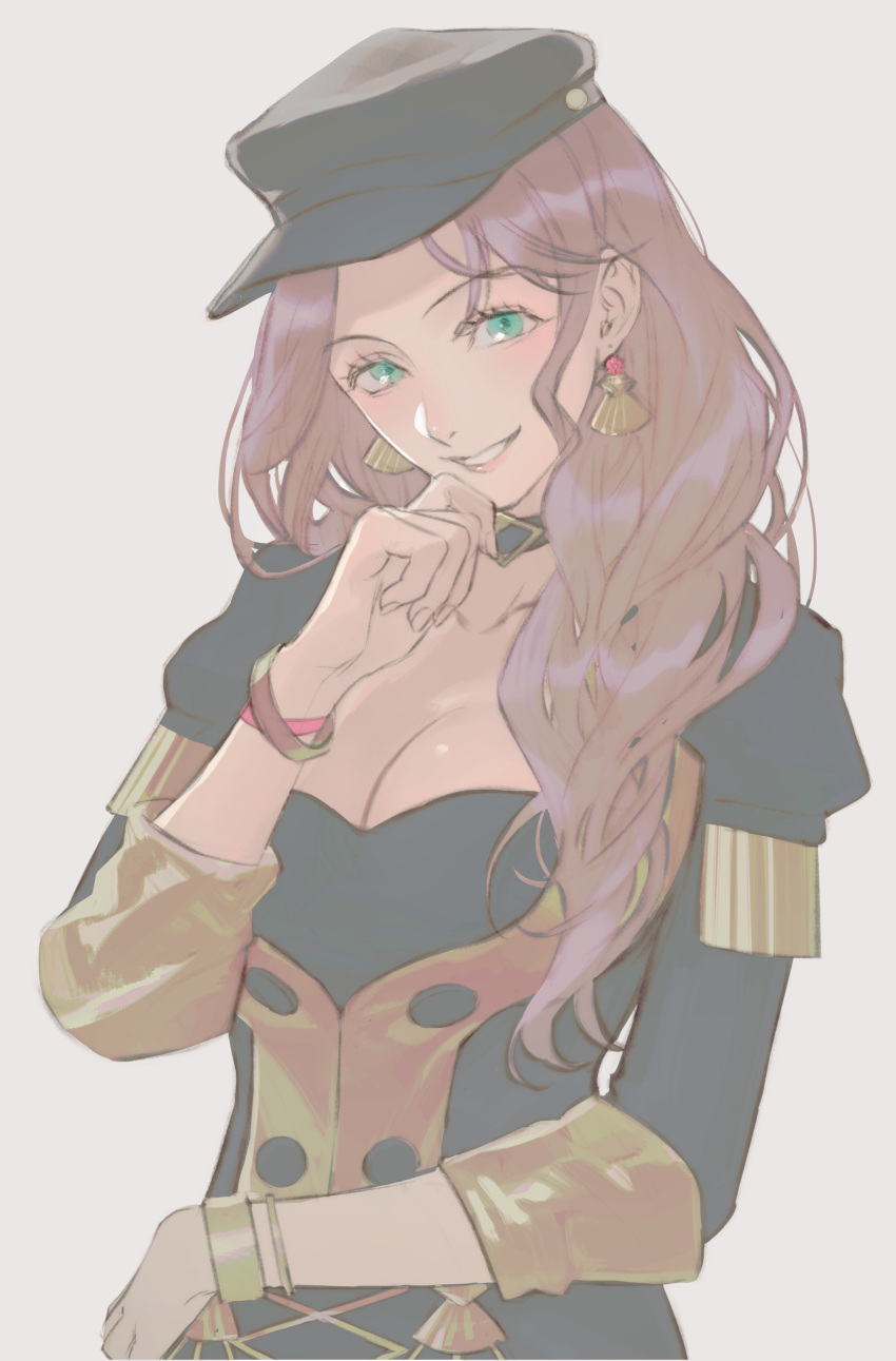 1girl absurdres bangs black_choker black_headwear black_jacket bracelet breasts brown_hair choker cleavage dorothea_arnault earrings fire_emblem fire_emblem:_three_houses garreg_mach_monastery_uniform gold_trim green_eyes hand_to_own_mouth hat highres jacket jewelry kkia large_breasts long_sleeves looking_at_viewer parted_bangs parted_lips smile solo upper_body wavy_hair