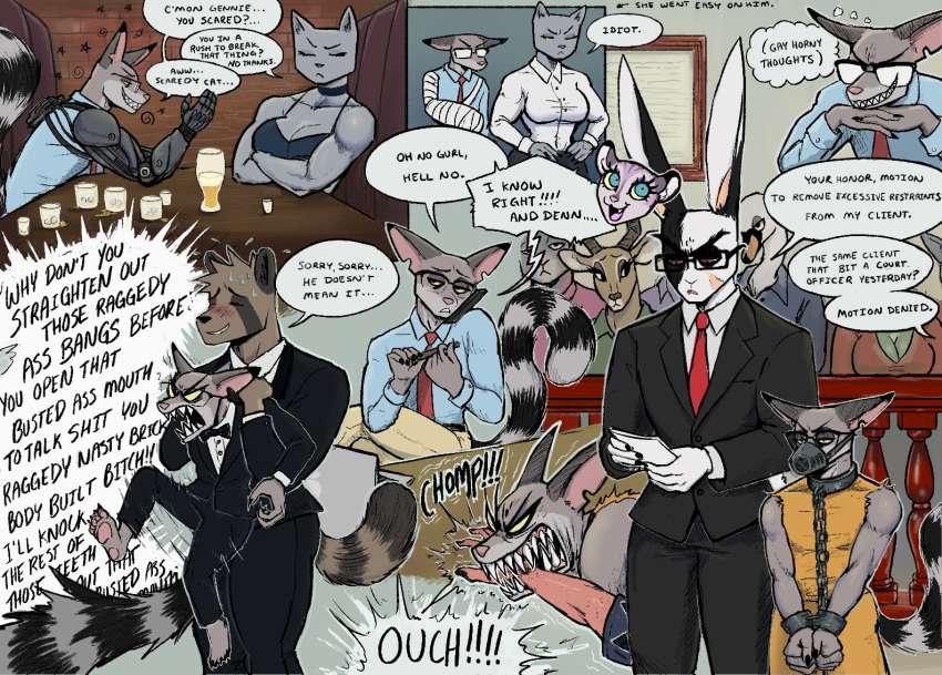 alcohol aniya_(eebahdeebah) anthro beer beverage bionic_arm bionics bite black_body black_fur black_tie_(suit) bow_tie broken_arm brown_body brown_fur cacomistle canid canine carrying_partner choker clothing cuff_(restraint) cybernetic_arm cybernetic_limb dialogue dialogue_box domestic_cat eebahdeebah eyes_closed eyewear fangs felid feline felis female filing_nails fur gennie_(eebahdeebah) glasses grey_body grey_fur group half-closed_eyes handcuffed holding_back humor jewelry kubo_(eebahdeebah) lagomorph lars_(eebahdeebah) leporid male mammal markings motion_lines multicolored_body multicolored_fur muscle_tone muscular muscular_anthro muscular_male muzzle_(object) muzzled narrowed_eyes necklace necktie niko_(eebahdeebah) office_clothing open_mouth open_smile pawpads paws pink_body pink_fur pink_pawpads prison_jumpsuit procyonid rabbit raccoon_dog restraints ring_(marking) ringtail scar sharp_teeth shirt simple_background smile smirk smug smug_face smug_grin suit tail_markings tank_top tanuki teeth topwear two_tone_body two_tone_fur whiskey white_background white_body white_fur wrist_cuffs