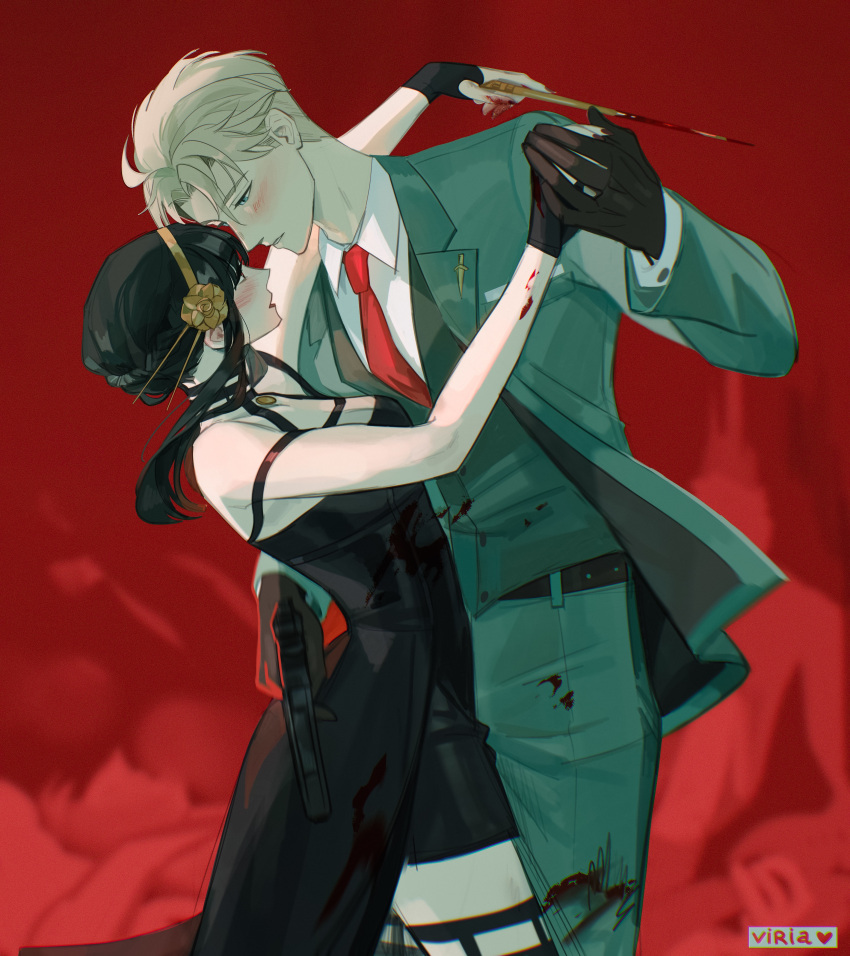 1boy 1girl absurdres artist_name bangs belt black_dress black_gloves black_hair black_thighhighs blonde_hair blood blood_on_clothes blue_eyes blush breasts cleavage collared_shirt couple cowboy_shot dagger dancing dress fingerless_gloves flower formal gloves gold_hairband green_jacket green_pants green_suit gun hair_flower hair_ornament hair_up handgun highres holding holding_gun holding_hands holding_weapon jacket knife looking_at_another medium_breasts necktie pants parted_bangs parted_lips red_background red_eyes red_necktie shirt short_hair short_hair_with_long_locks sidelocks spy_x_family stiletto_(weapon) suit thighhighs twilight_(spy_x_family) viria13 waistcoat weapon white_shirt yor_briar