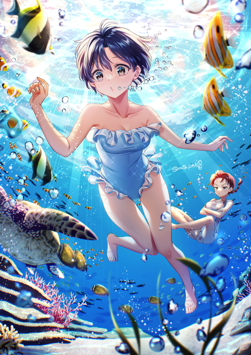 2girls air_bubble bangs bare_arms barefoot blue_eyes blue_swimsuit braid breasts brown_eyes bubble cleavage collarbone coral crossed_arms crossed_legs fish frilled_swimsuit frills full_body hair_between_eyes highres knees_together_feet_apart long_hair medium_breasts motobi_(mtb_umk) multiple_girls ocean puckered_lips ranma-chan ranma_1/2 red_hair sea_turtle short_hair strapless strapless_swimsuit swimming swimsuit tendou_akane turtle underwater white_swimsuit