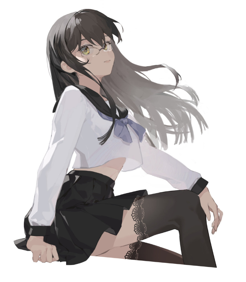 1girl bangs black_hair black_sailor_collar black_skirt black_thighhighs closed_mouth from_side glasses green_eyes hand_on_own_knee highres juusan_kihei_bouei_ken kisaragi_tomi knee_up lace-trimmed_legwear lace_trim lilith-lily long_hair long_sleeves looking_at_viewer neckerchief pleated_skirt purple_neckerchief sailor_collar school_uniform serafuku sidelocks simple_background sitting skirt solo thighhighs white_background white_serafuku