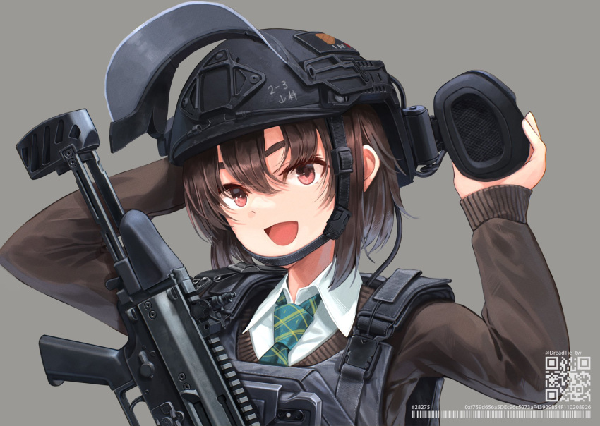 1girl :d arm_behind_head arm_up bangs black_headwear blue_necktie brown_hair brown_sweater collared_shirt dreadtie ear_protection eyebrows_hidden_by_hair grey_background gun hair_between_eyes hand_up helmet highres long_sleeves looking_at_viewer necktie original qr_code red_eyes shirt simple_background sleeves_past_wrists smile solo sweater thick_eyebrows twitter_username upper_body weapon weapon_request white_shirt